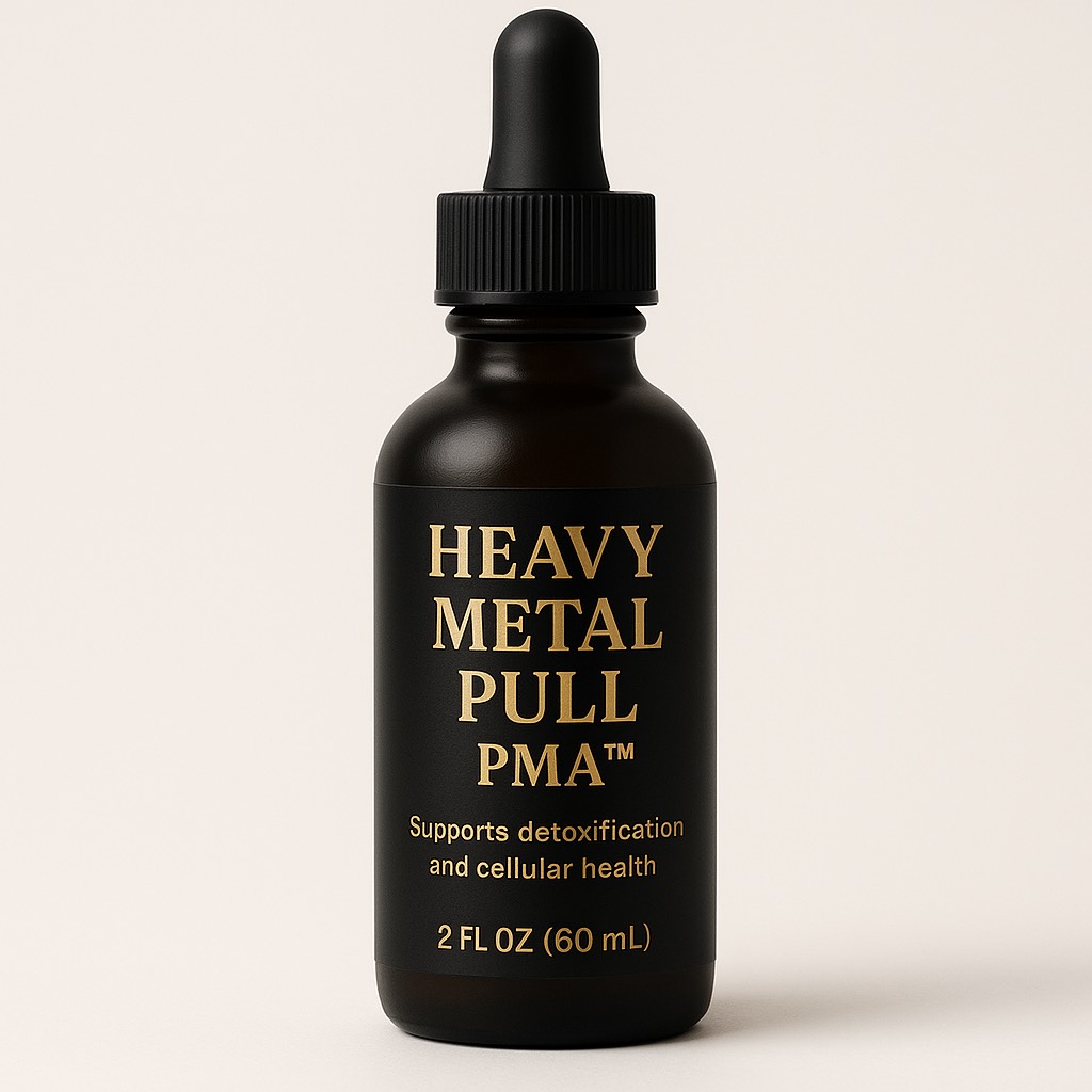 Heavy Metal Pull PMA™ — Full Strength Tincture A clinical-strength PMA detox formula designed to pull out heavy metals, nanoparticles, and environmental toxins from the brain, fascia, gut, and tissues. Supports lymph drainage, mitochondrial protection, and cellular cleanup. Key ingredients: Zeolite, Fulvic Acid, Shilajit, Glutathione, NAC, ALA, Cilantro, Chlorella, Red Root, Cleavers, Ginger. Use: 10–15 drops 1–2× daily. Start slow. Format: 2 oz matte black glass tincture. PMA-only potency.